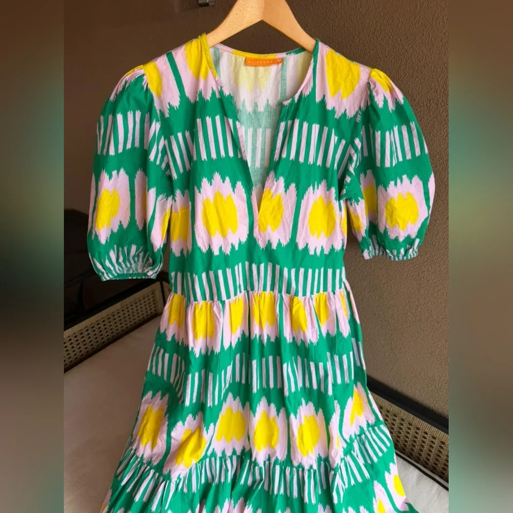 Oliphant Vibrant Green and Yellow  Puff Sleeve Maxi Dress 100% Cotton